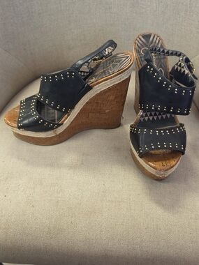 Black Studded Cork Wedge Sandals - Women's
